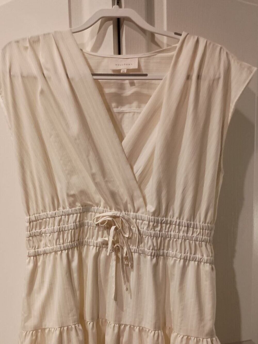 MELLODAY, SIZE LARGE PALE YELLOW AND WHITE STRIPE SUMMER DRESS